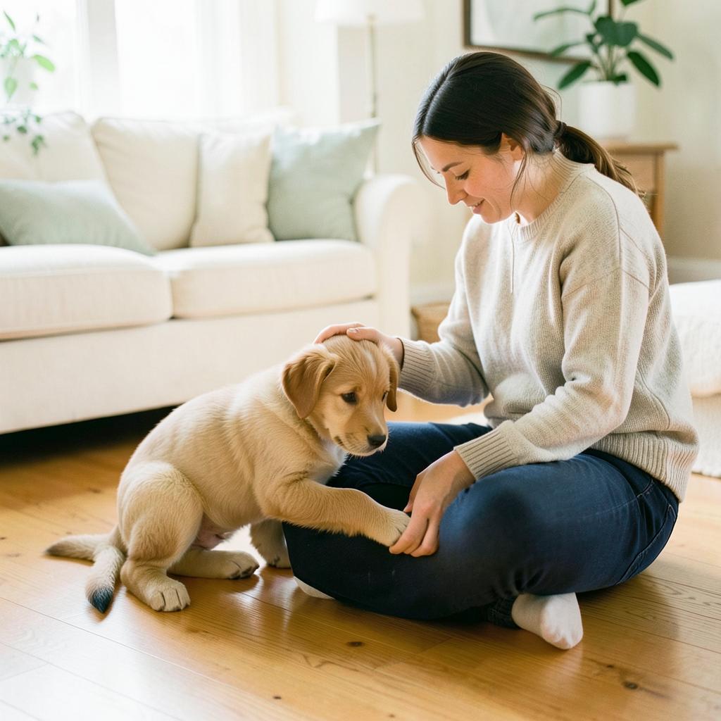 The author sitting on the floor petting a calm puppy in a bright living room
